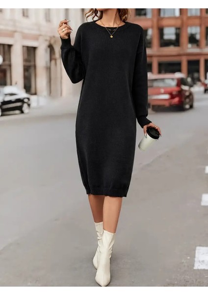 Kadın Uzun Kollu Bisiklet Yaka Yandan Yırtmaçlı Midi Triko Elbise(Kemersiz) fırsatları