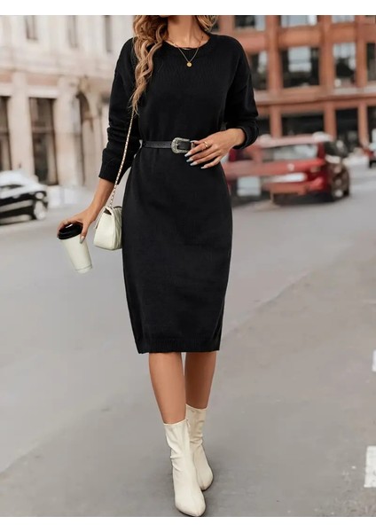 Kadın Uzun Kollu Bisiklet Yaka Yandan Yırtmaçlı Midi Triko Elbise(Kemersiz)