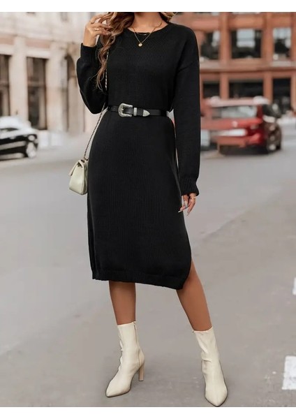 Kadın Uzun Kollu Bisiklet Yaka Yandan Yırtmaçlı Midi Triko Elbise(Kemersiz)