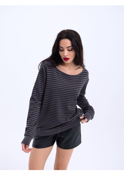 4215 Triko Çizgili Salaş Kazak-Antrasit-Siyah