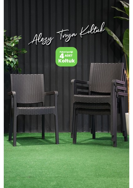 Troya Rattan Desenli Koltuk Kollu Balkon Bahçe Koltuğu 4'lü Set Kahverengi