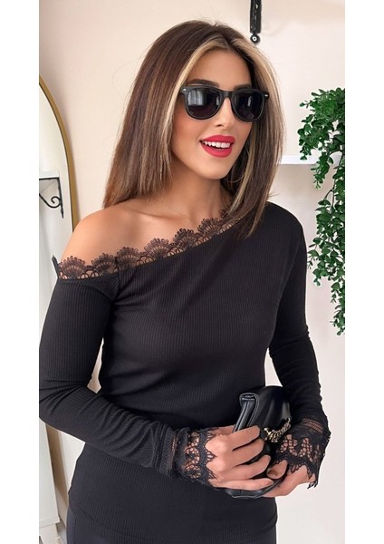 Kadın Uzun Kollu Tek Omuzu Açık Dantelli Burgu Bluz indirimleri