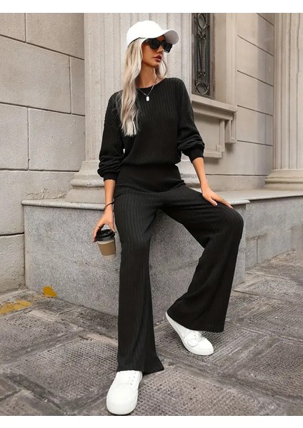 Kadın Uzun Kollu Bisiklet Yaka Şardonlu Dalgıç Bluz ve Pantolon Ikili Takım indirimleri