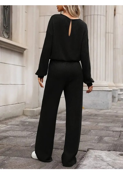 Kadın Uzun Kollu Bisiklet Yaka Şardonlu Dalgıç Bluz ve Pantolon Ikili Takım