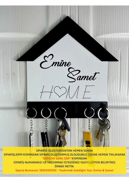 Ahşap Siyah-Beyaz Ev Şekilli Isimli Anahtarlık Askısı – Kişiye Özel Dekoratif Anahtarlık Tutucu fiyatları