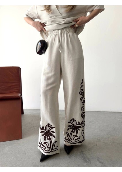 Keten Kısa Kolu V Yaka Bluz Pantolon Ikili Takım- Beyaz fırsatları