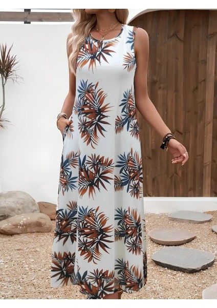 Kadın Askılı Yuvarlak Yaka Cepli Desenli Süprem Elbise