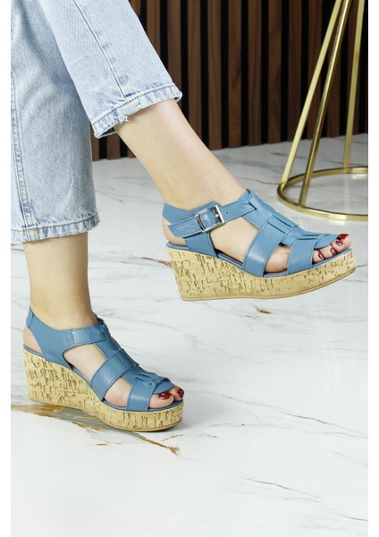 Xena Mavi Hakiki Dana Derisi Mantar Taban Görünümlü Dolgu Topuklu Gladyatör Sandalet