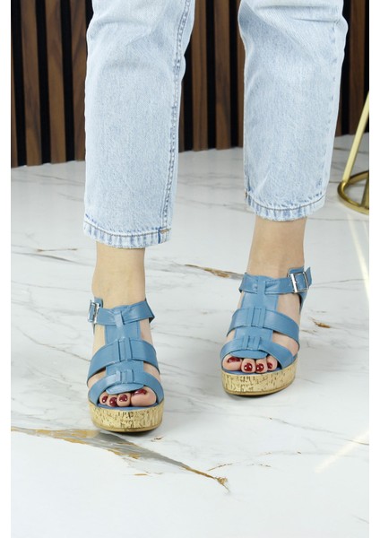 Xena Mavi Hakiki Dana Derisi Mantar Taban Görünümlü Dolgu Topuklu Gladyatör Sandalet modelleri