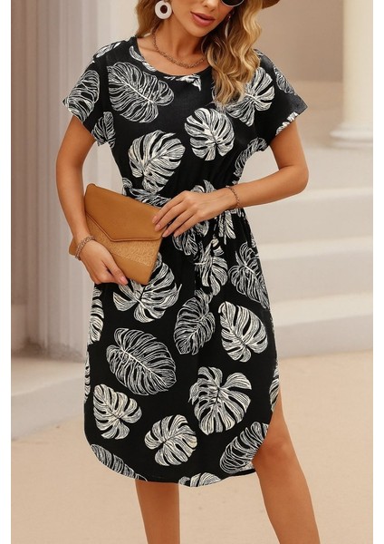 Kadın Kısa Kollu Bisiklet Yaka Desenli Kuşaklı Örme Krep Midi Elbise fiyatları