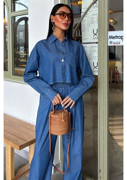 Denim Gömlek Plazzo Pantolon Takım 10163-08 indirimleri