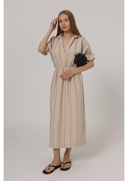 Beli Lastikli Elbise - Taş