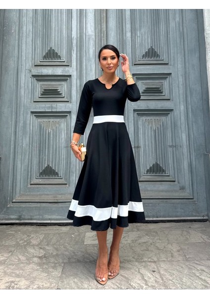 Kadın Truvakarkol Yakası Açık Blok Renkli Krep Midi Elbise