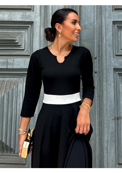 Kadın Truvakarkol Yakası Açık Blok Renkli Krep Midi Elbise indirimleri