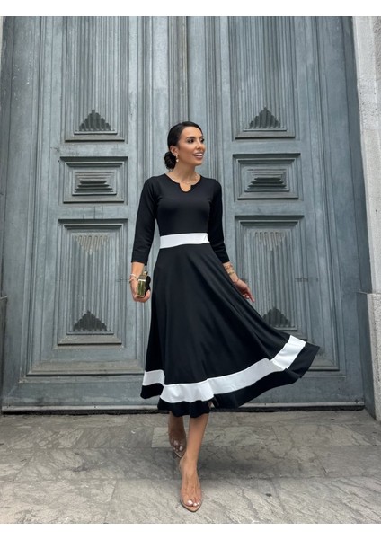 Kadın Truvakarkol Yakası Açık Blok Renkli Krep Midi Elbise