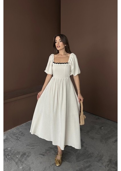 Bej Arkası Bağlamalı Keten Elbise