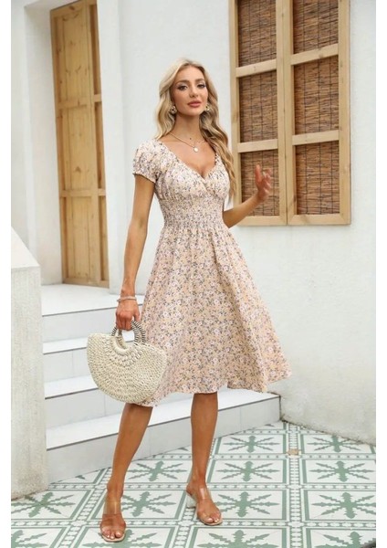 Kadın Kısa Kollu Kruvaze Yaka Lastikli Belden Gipeli Çiçek Desenli Suprem Elbise