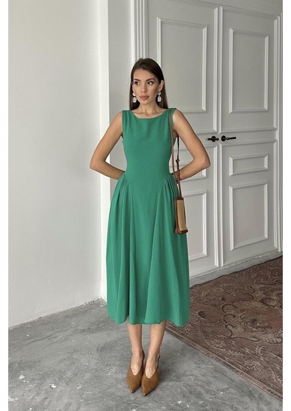 Yeşil Yanları Büzgülü Midi Boy Keten Elbise modelleri