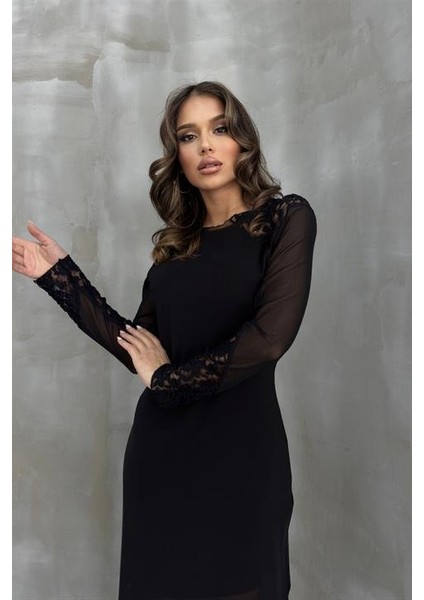 Almond Dantel Detaylı Tül Elbise 2659-8