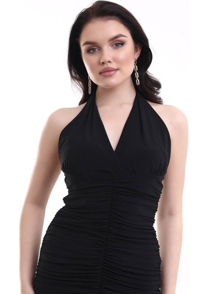 Kadın V Yaka Büzgü Detaylı Sandy Kumaş Fırsat Ürün Diz Üstü Elbise indirimleri