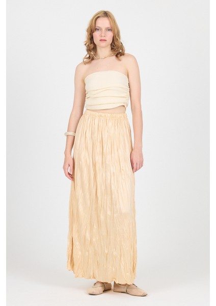 Açık Bej Bel Lastikli Kırışık Kumaş Etek 3483
