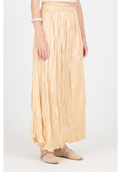 Açık Bej Bel Lastikli Kırışık Kumaş Etek 3483 modelleri