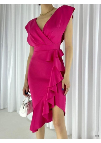 Scuba Kumaş Önü Fırfırlı Midi Boy Elbise modelleri