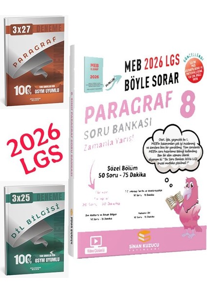 Sinan Kuzucu 2026 8.sınıf Lgs Meb Ne Sorar Paragraf Soru Bankası+Anla Kazan Paragraf+Dilbilgisi Seti