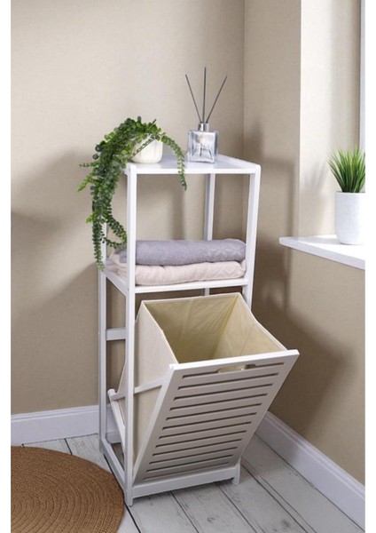 Bambu Beyaz Mat Lake Kirli Sepetli 2 Raflı Banyo Düzenleyici Çamaşır Sepeti DB-0020 indirimleri