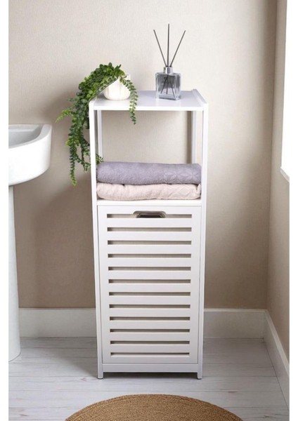 Bambu Beyaz Mat Lake Kirli Sepetli 2 Raflı Banyo Düzenleyici Çamaşır Sepeti DB-0020