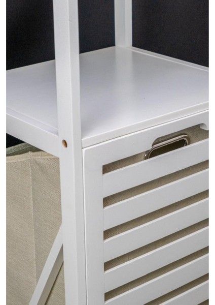 Bambu Beyaz Mat Lake Kirli Sepetli 2 Raflı Banyo Düzenleyici Çamaşır Sepeti DB-0020