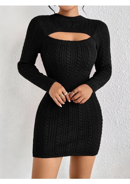 Kadın Uzun Kollu Yarı Balıkçı Yaka Pencere Göğüs Detay Mini Triko Elbise indirimleri