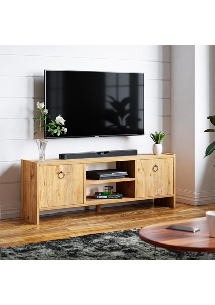 Sehpası Kapaklı Raflı Tv Ünitesi Televizyon Sehpası (Atlantik Çam)