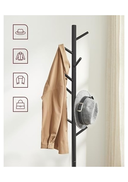 Portmanto, Ayaklı Portmanto, Masif Ahşaptan Yapılmış Vestiyer, Ağaç Şeklinde, 8 Kancalı, Giysiler, Şapkalar, Çantalar, Koridor, Giriş Alanı, Siyah RCR004B01 modelleri