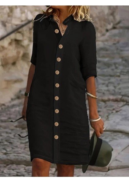Kadın Kısa Kollu Hakim Yaka Önden Düğmeli Kısa Müslim Elbise modelleri
