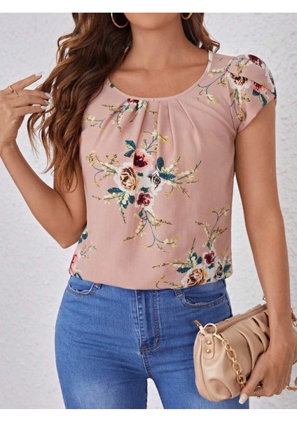 Kadın Kısa Kollu Bisiklet Yaka Çiçek Baskılı Süprem Bluz fiyatları