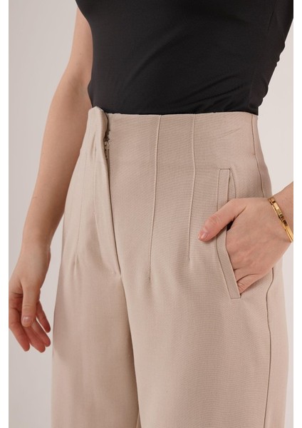 Çift Pens Detaylı Krem Pantolon