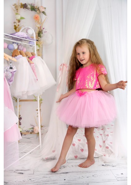 Parıltılı Pullu Crop ve Kabarık Tütü Etek Ikili Takım