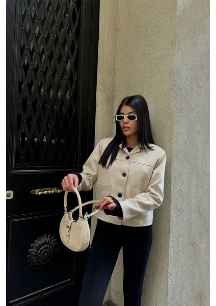 Süet Crop Ceket Cep Detaylı - Taş fırsatları