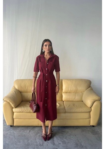 Tencel Önden Düğmeli Kısa Kol Elbise - Bordo