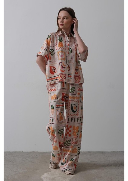 Baskılı Kısa Kol Pantolon Takım - Taş-Oranj fırsatları