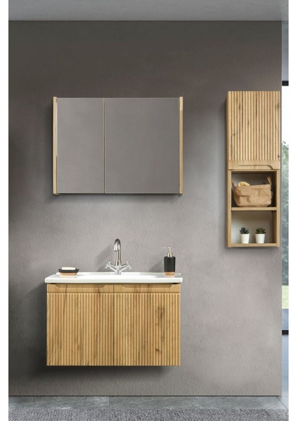 Verona Ahşap Desenli Banyo Dolabı Takımı 80 cm