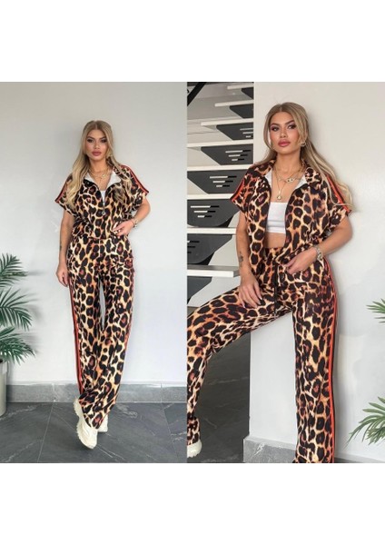 Kadın Dalgıç Kumaş Dijital Leopar Baskılı Şerit Detaylı Takım fiyatları