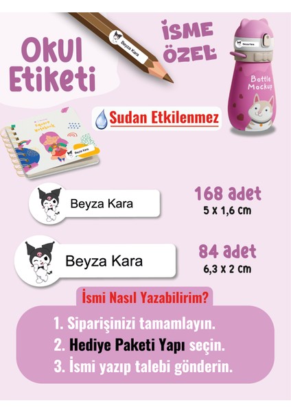 Okul Etiketi SUDAN ETKİLENMEZ, Kalem Defter Etiketi Kuromy Temalı Özel Isim Yazılabilen Etiket - 252ADET