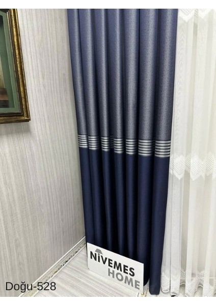 Nivemeshome Doğu Lacivert- Gold FT671536 V-528 1/3 Sık Pileli Fon Perde Apm