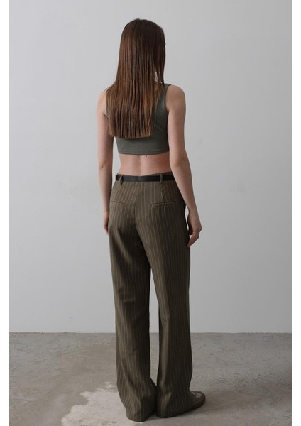 Kemerli Palazzo Pantolon - Haki-Beyaz fırsatları