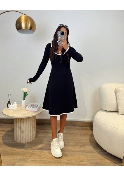 Kadın Uzun Kollu Derin Yuvarlak Yakalı Kısa Viskon Iki Iplik Elbise