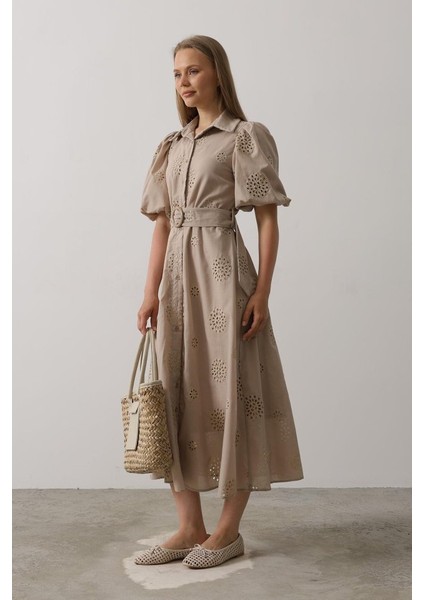 Balon Kol Kemerli Brode Elbise - Taş fiyatları