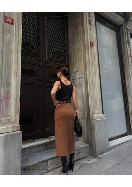 Süet Kalem Etek Yırtmaç Detaylı - Taba