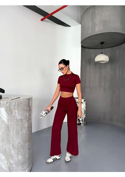 Osy Modal Yumuşak Dokulu Kumaş Kısa Kollu Crop Alt Ispanyol Paça Pantalon Ikili Takım - Bordo